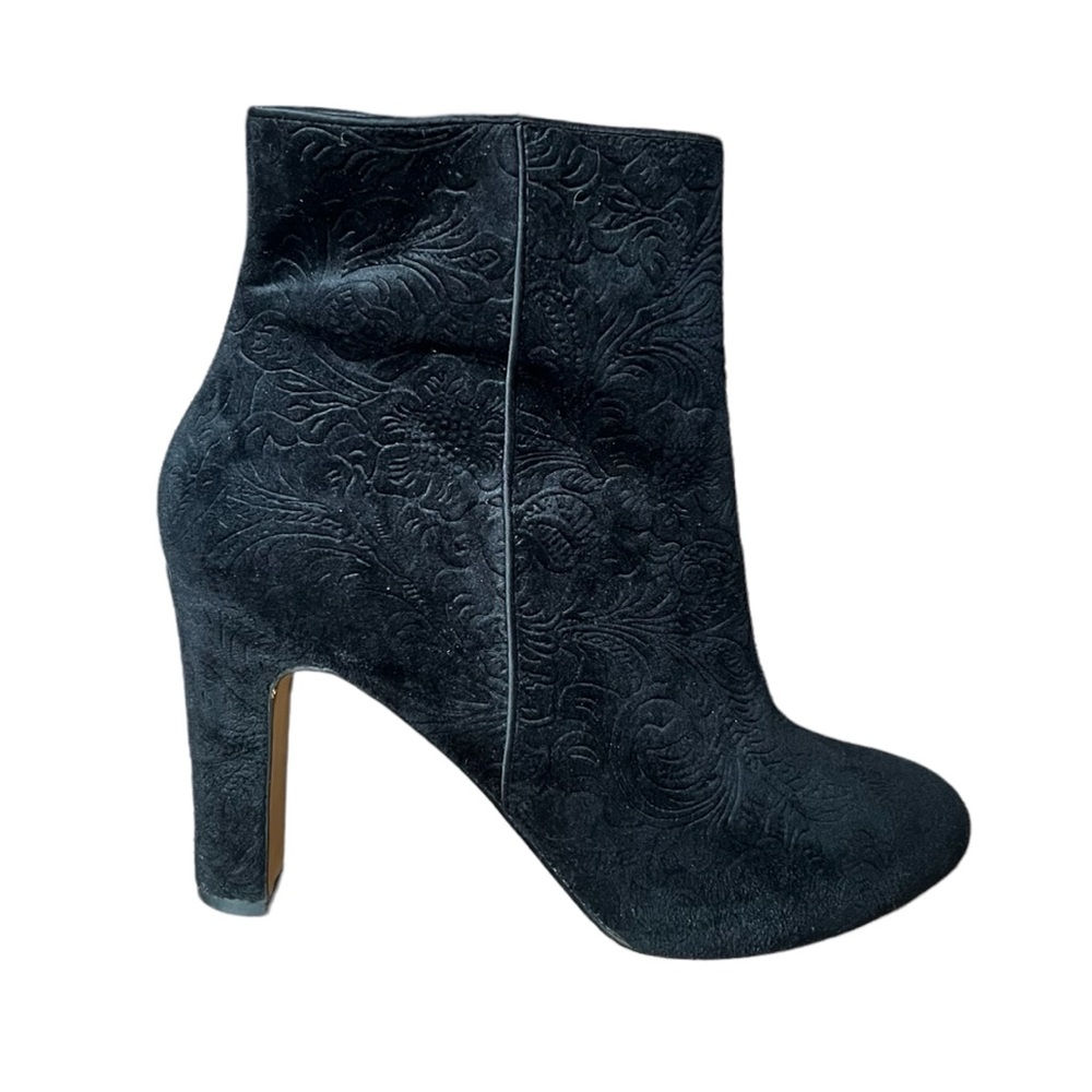 White House Black Market black paisley floral embossed velvet heeled booties 8.5